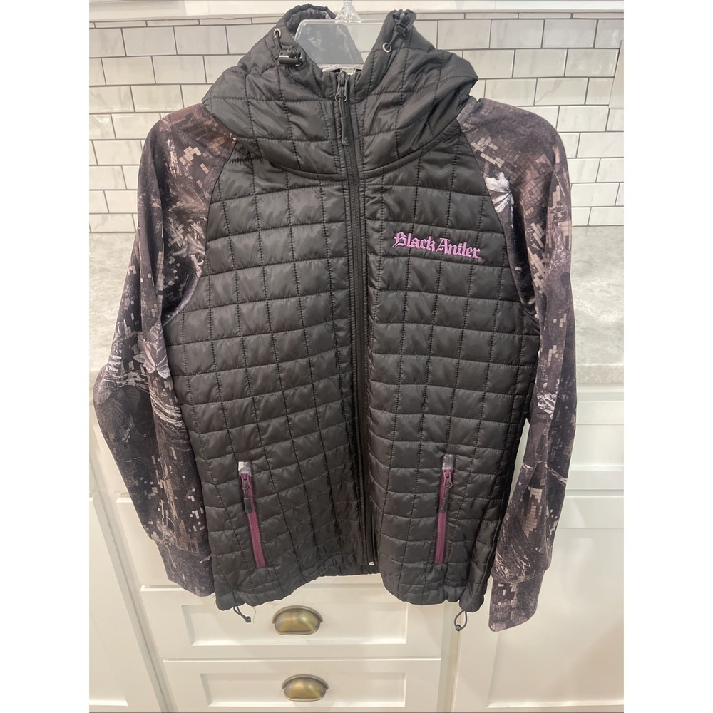 Black Antler Jacket Womens Small Black Camo Quilted Hooded Camouflage Coat
